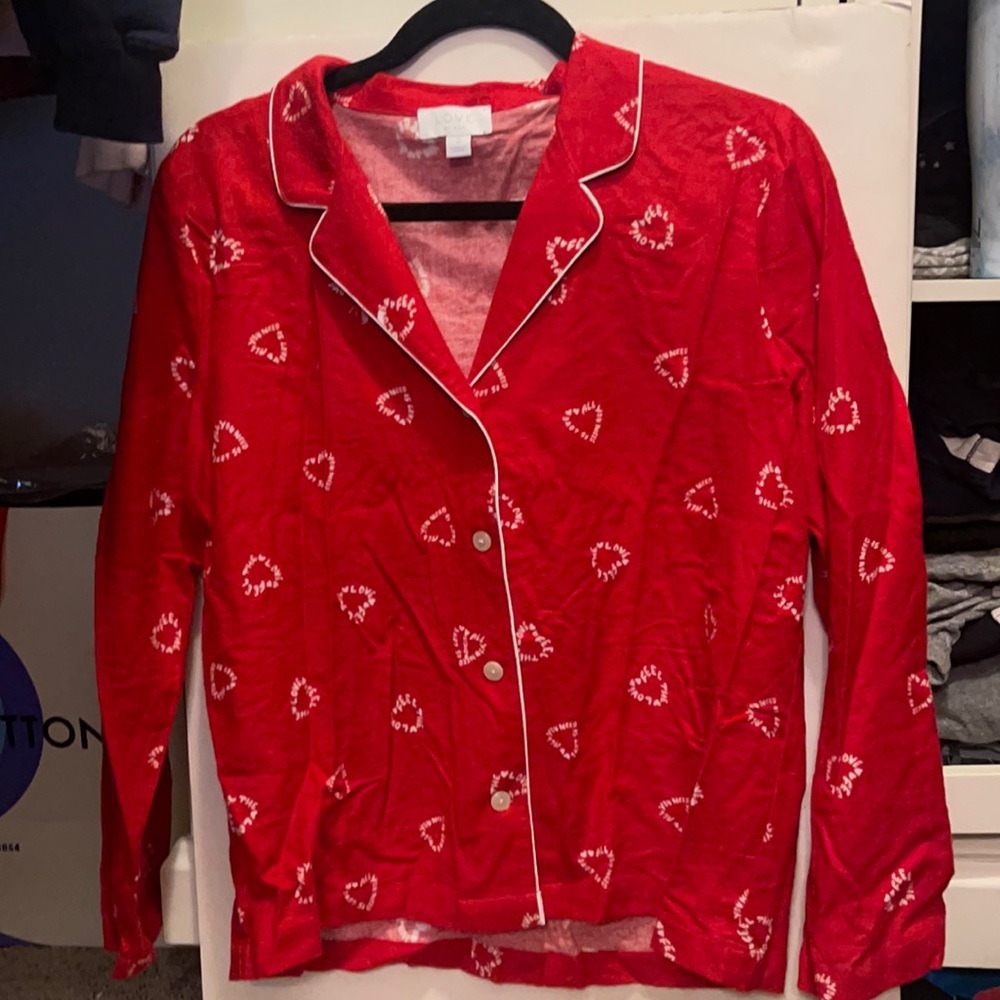 Love by Gap Red Heart Button Down Pajama Shirt Long Sleeve